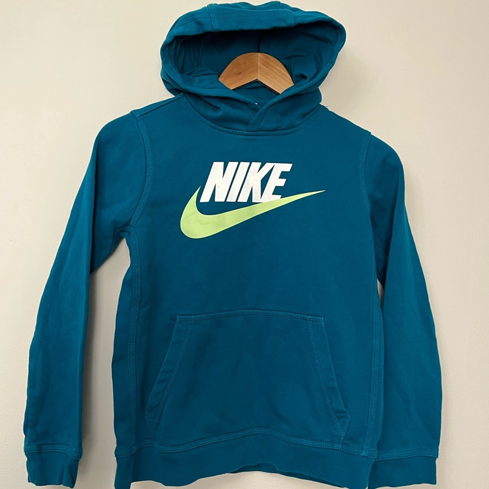 Nike Kids Blue Hoodie with Lime Logo